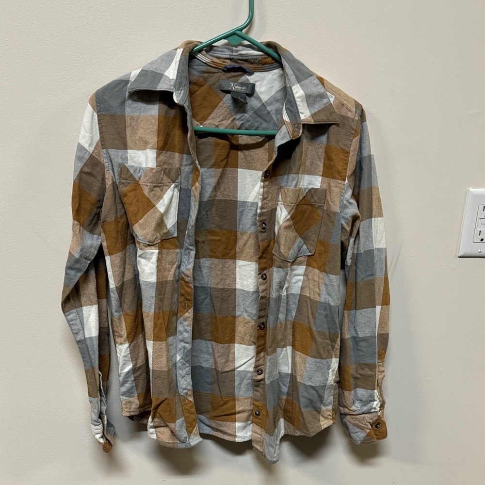 Natural Reflections Tan and Gray Plaid Shirt